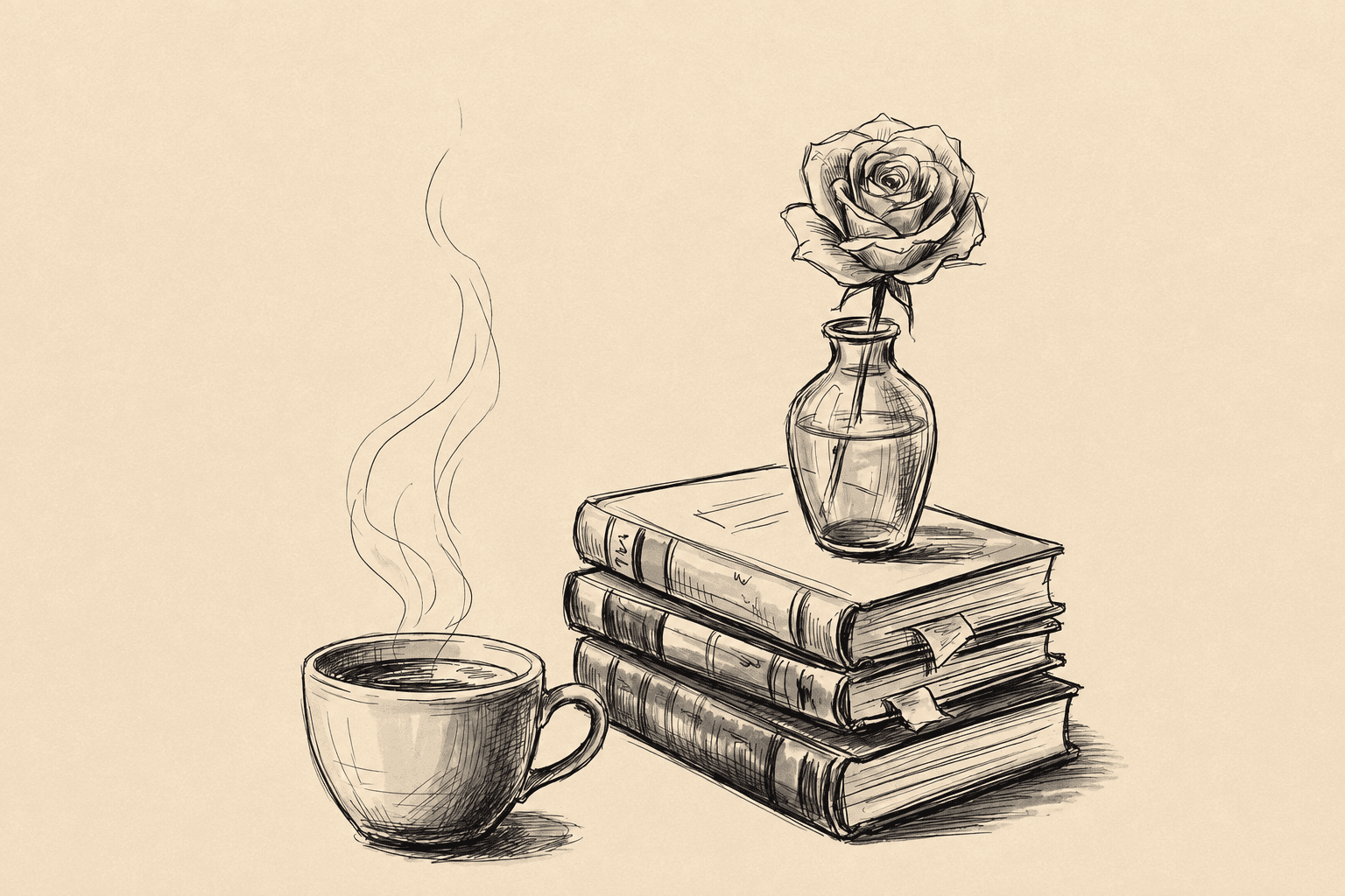 A cup of tea beside a stack of books and a rose